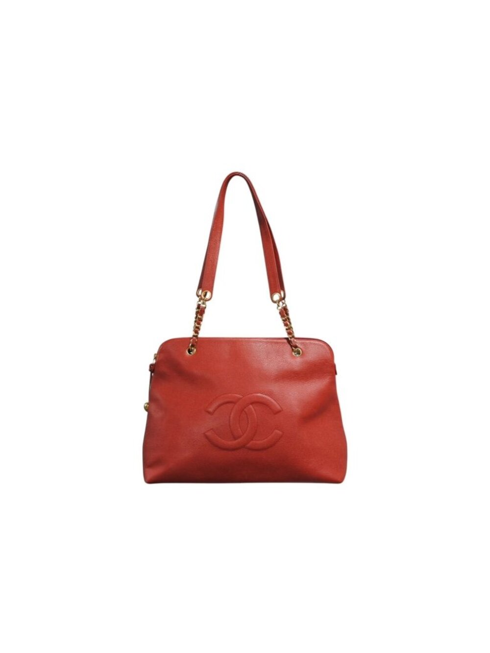 Chanel Chain Shoulder Tote Bag Caviar Leather Big CC Logo Coco Ball Red Gold